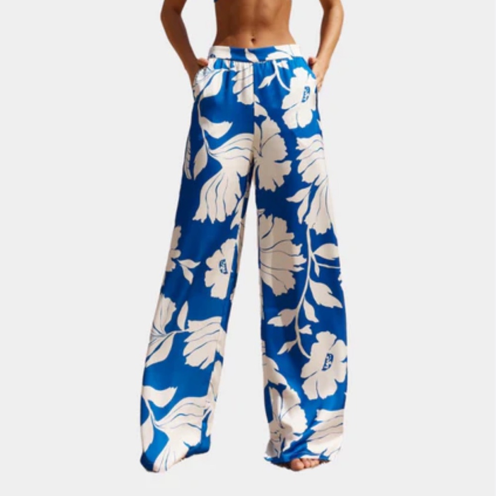 House of Harlow Blue White Wide Leg Satin Trouser Pants Size Large